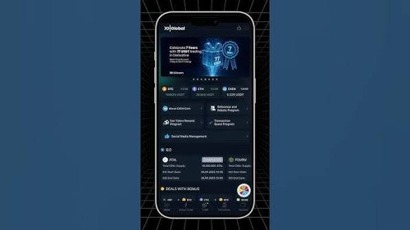 Bitexen Global mobil uygulaması ana ekranı — BTC, ETH ve EXEN bakiye görünümü