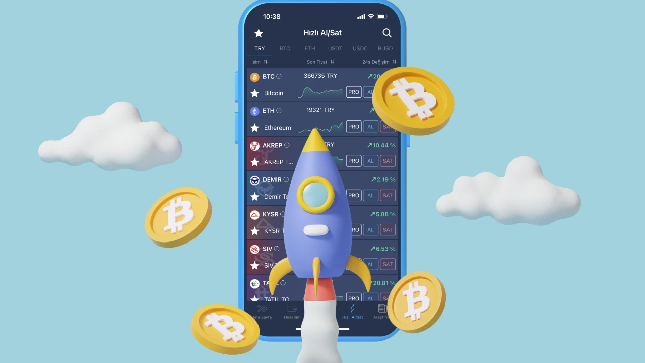 Bitexen mobil uygulamasında Hızlı Al/Sat ekranı — BTC, ETH ve fan token pariteleri